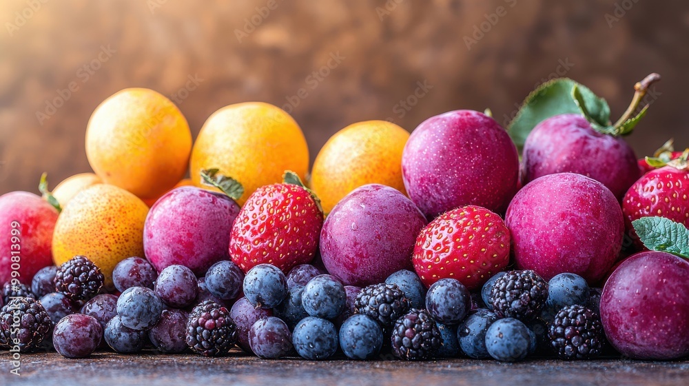 A vibrant arrangement of fresh berries and plums on a wooden surface showcasing seasonal fruits in natural light A vibrant arrangement of fresh berries and plums on a wooden surface showcasing seasonal fruits in natural light