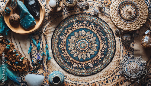 A collection of mandalas, dreamcatchers, and earthy tones, with intricate patterns and a warm, laid-back atmosphere