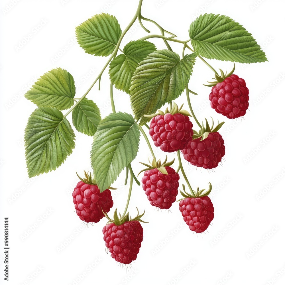 A vibrant illustration of ripe raspberries hanging on a branch with rich green leaves. A vibrant illustration of ripe raspberries hanging on a branch with rich green leaves.