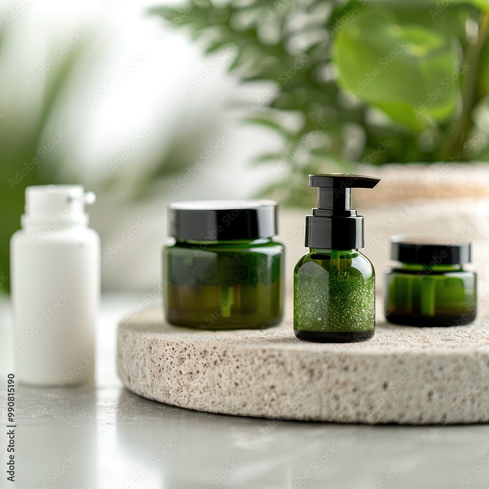 Natural skincare products with plant extracts on display. Natural skincare products with plant extracts on display.