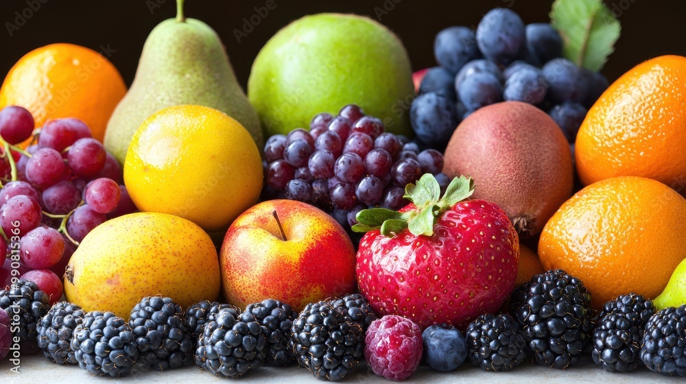 A colorful arrangement of fresh fruits including grapes, strawberries, oranges, and pears displayed on a wooden table A colorful arrangement of fresh fruits including grapes, strawberries, oranges, and pears displayed on a wooden table