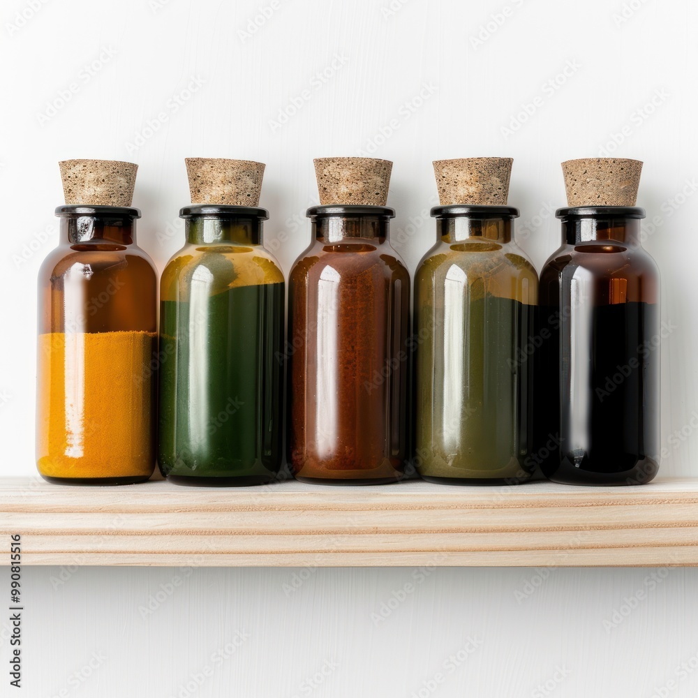 Shelf with various superfood extracts in dark bottles. Shelf with various superfood extracts in dark bottles.
