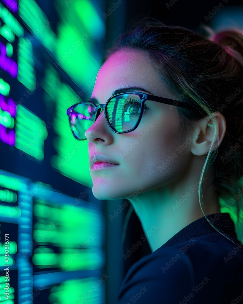 Focused woman analyzing data on a vibrant digital screen Focused woman analyzing data on a vibrant digital screen