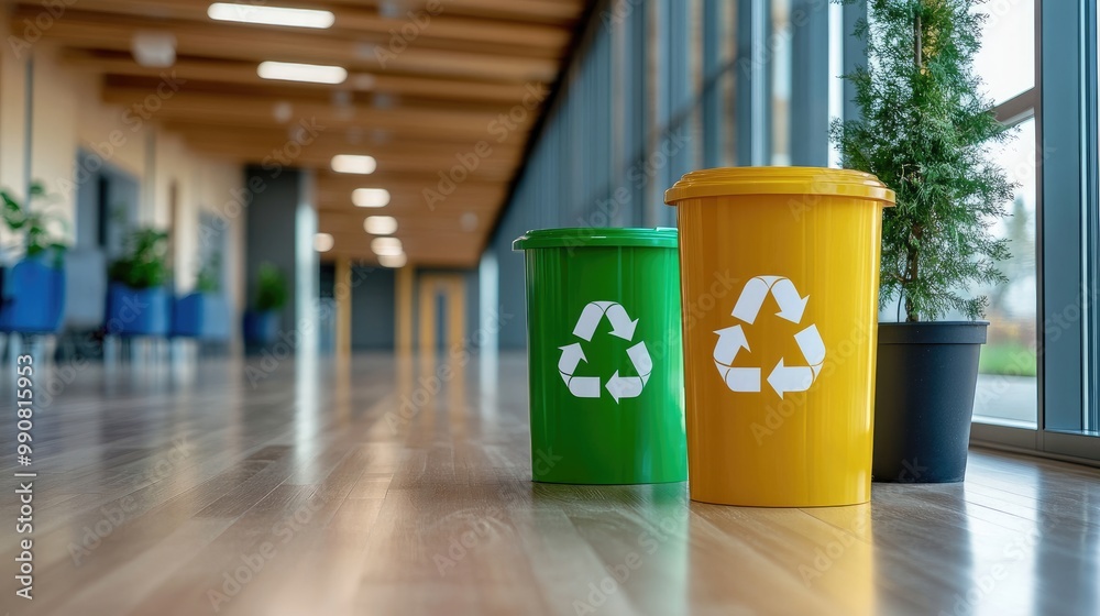 Two recycling bins, green and yellow, stand in a modern hallway with plants, promoting eco-friendly waste separation in a bright, spacious environment. Two recycling bins, green and yellow, stand in a modern hallway with plants, promoting eco-friendly waste separation in a bright, spacious environment.