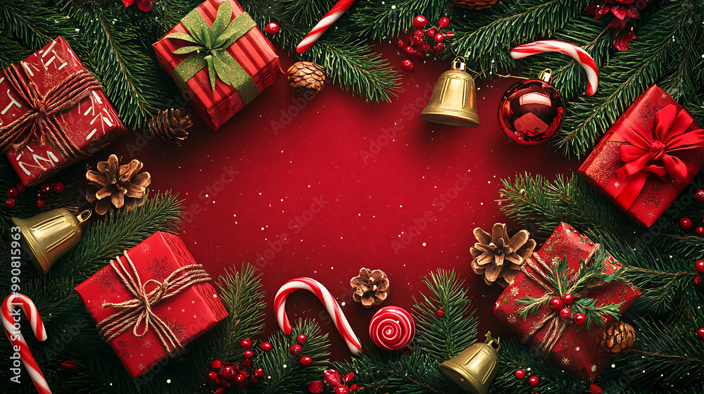 Colourful Christmas background with traditional elements like candy canes, bells, and gifts Colourful Christmas background with traditional elements like candy canes, bells, and gifts