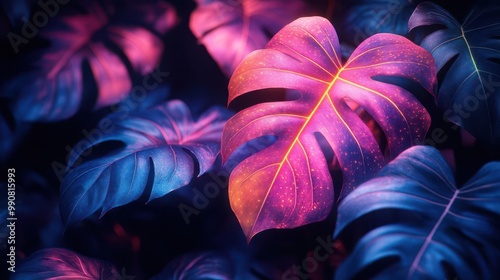 lush tropical foliage in vivid oversaturated colors neonoutlined leaves against deep black background bioluminescent details creating ethereal glow photo