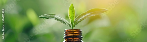 Closeup of a bottle of green tea extract.