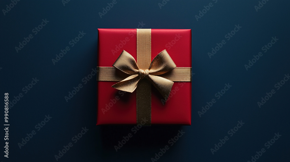 A red gift box with a festive golden ribbon on a dark blue background. A red gift box with a festive golden ribbon on a dark blue background.