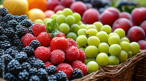 Freshly harvested berries and grapes displayed in a woven basket at a local market on a sunny afternoon