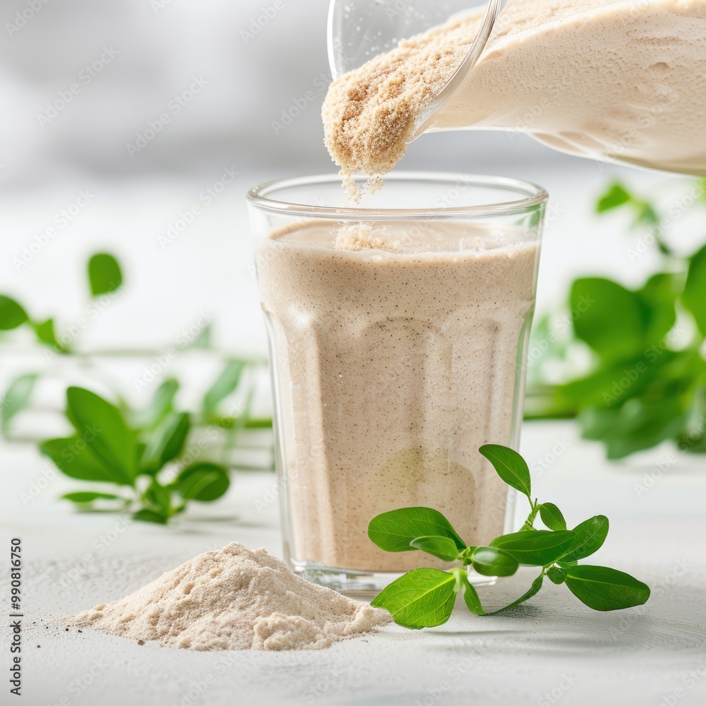 Person adding soy protein extract to a shake.