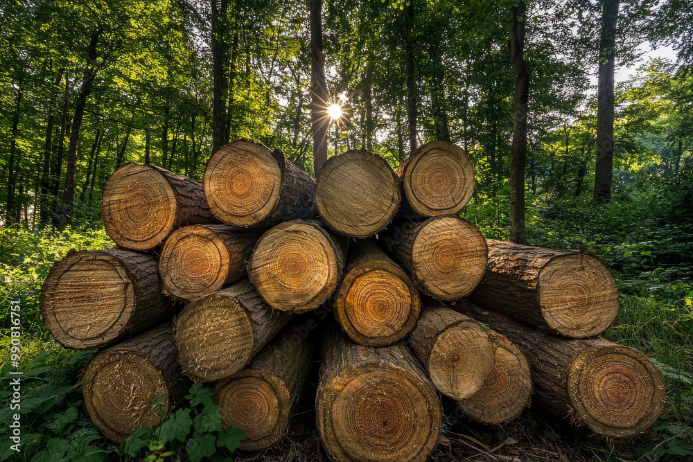 A stack of freshly cut logs in a sunlit forest, highlighting natural resources and forestry. A stack of freshly cut logs in a sunlit forest, highlighting natural resources and forestry.