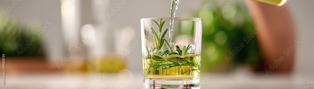 Person adding herbal extract to a glass of water. Person adding herbal extract to a glass of water.
