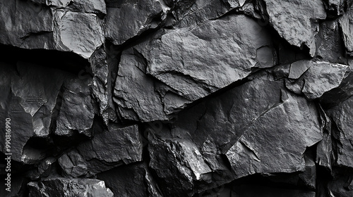 A black and white rough stone texture with rugged surfaces and varying shades of grey