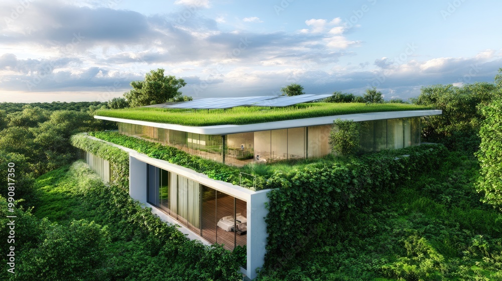 A modern eco-friendly home surrounded by lush greenery, featuring a green roof and large glass windows that blend harmoniously with nature. A modern eco-friendly home surrounded by lush greenery, featuring a green roof and large glass windows that blend harmoniously with nature.