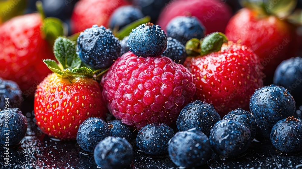 Freshly washed berries arranged artfully with droplets of water on a dark surface, highlighting their vibrant colors and textures Freshly washed berries arranged artfully with droplets of water on a dark surface, highlighting their vibrant colors and textures