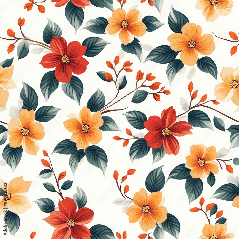 A vibrant floral pattern featuring red and yellow flowers intertwined with leafy green branches, set against a light background. A vibrant floral pattern featuring red and yellow flowers intertwined with leafy green branches, set against a light background.