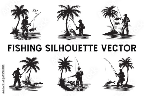 Fisherman and Rod Vector Silhouette Set  Outdoor Fishing Vector Silhouette Illustrations 