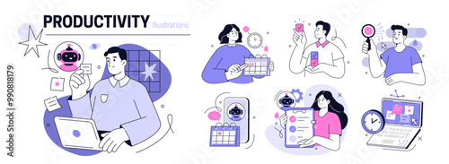 AI technology set. Characters use artificial intelligence, algorithms, generative tools to work with tasks, checklists, schedules and increase productivity. Vector illustration. photo