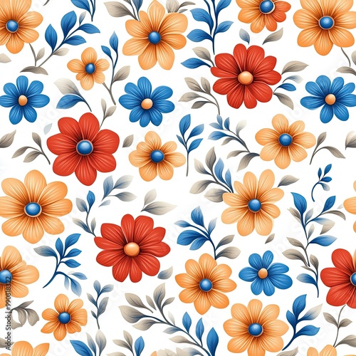 Wallpaper Mural A colorful floral pattern featuring orange, blue, and red flowers intertwined with leafy designs on a white background. Torontodigital.ca