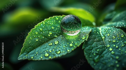 macro shot of water droplet on vivid green leaf perfect sphere reflecting miniature ecosystem soft bokeh background dewdrop natures purity