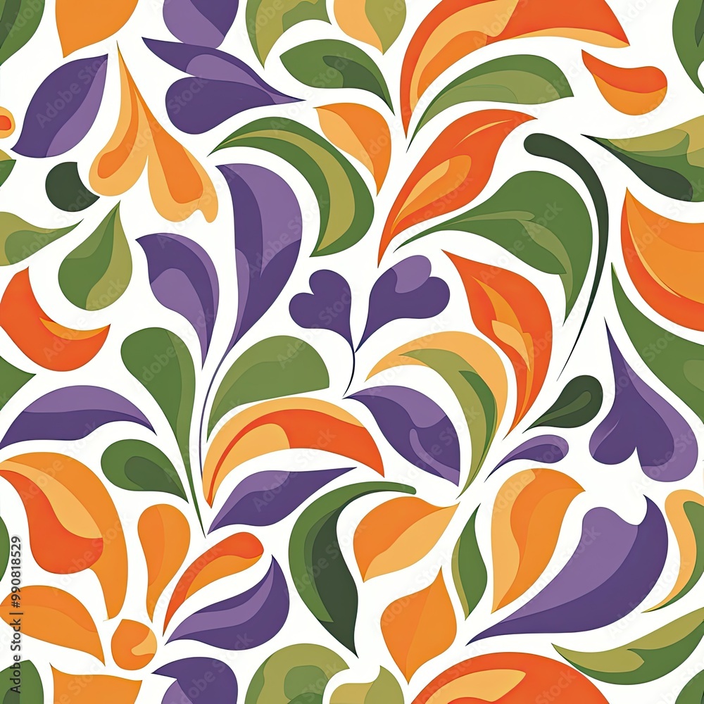 A vibrant floral pattern featuring swirling leaves and petals in purple, orange, and green on a white background. A vibrant floral pattern featuring swirling leaves and petals in purple, orange, and green on a white background.