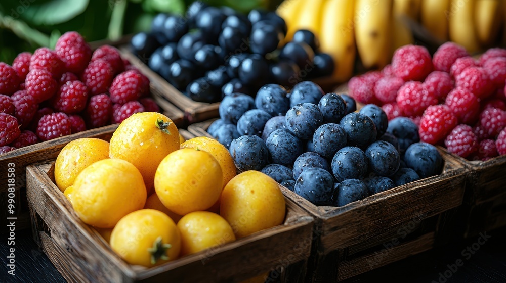 Freshly picked fruits display at a colorful farmer's market in early summer, showcasing ripe berries and tropical treats Freshly picked fruits display at a colorful farmer's market in early summer, showcasing ripe berries and tropical treats
