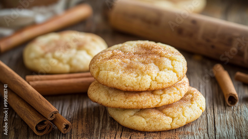 Freshly baked snickerdoodle cookies sprinkled with cinnamon, placed on a wooden table with cinnamon sticks around