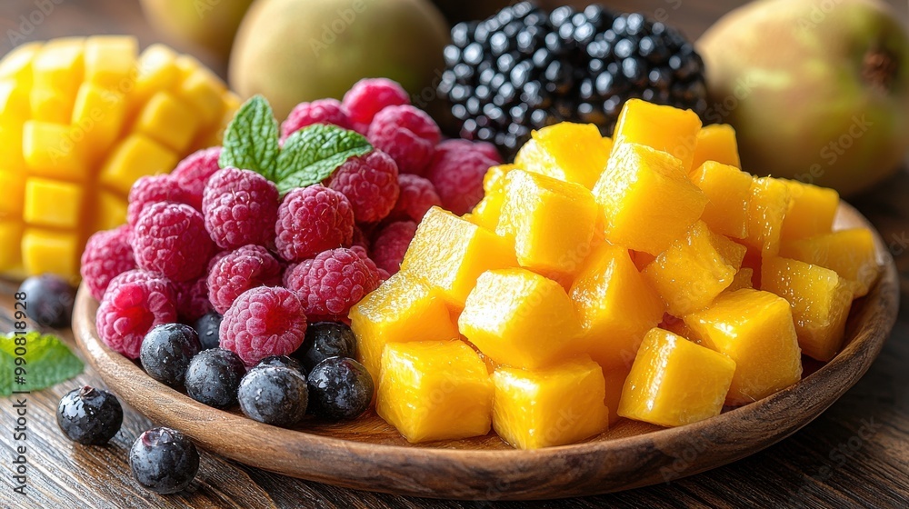 A vibrant assortment of fresh mango, raspberry, blueberry, and blackberry on a wooden platter, showcasing seasonal fruits in natural light A vibrant assortment of fresh mango, raspberry, blueberry, and blackberry on a wooden platter, showcasing seasonal fruits in natural light