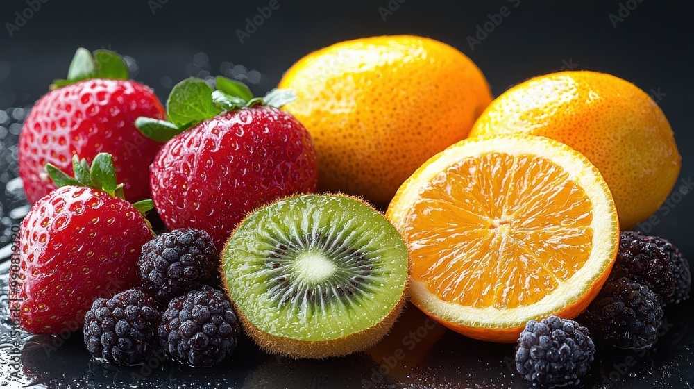 Bright assortment of fresh fruits including strawberries, kiwis, oranges, and blackberries arranged on a dark background Bright assortment of fresh fruits including strawberries, kiwis, oranges, and blackberries arranged on a dark background
