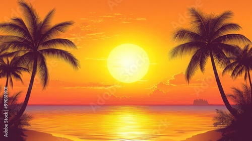 Tropical sunset with palm trees and sea on orange background