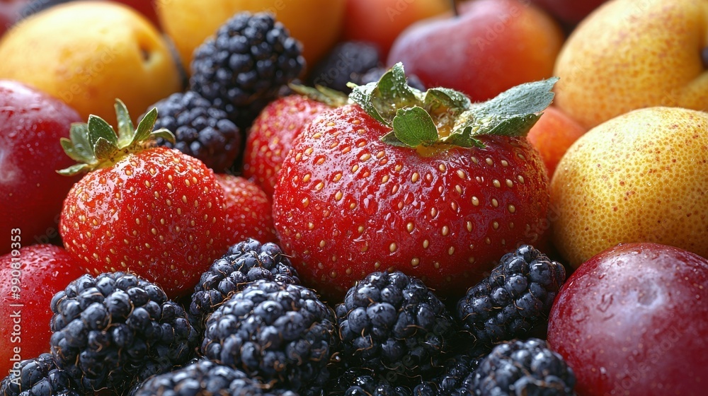 Fresh assortment of berries and fruits in vibrant colors displayed together on a table inviting a healthy snack option Fresh assortment of berries and fruits in vibrant colors displayed together on a table inviting a healthy snack option