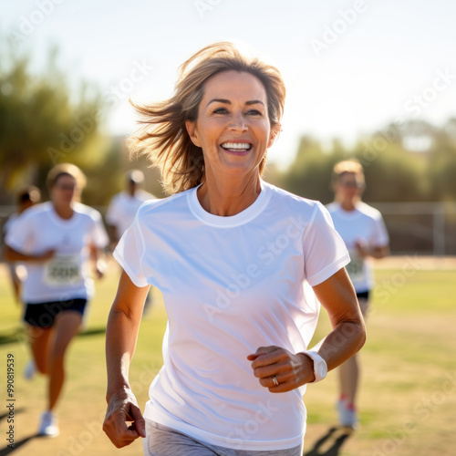 Empowered Senior Woman Running in a White Shirt