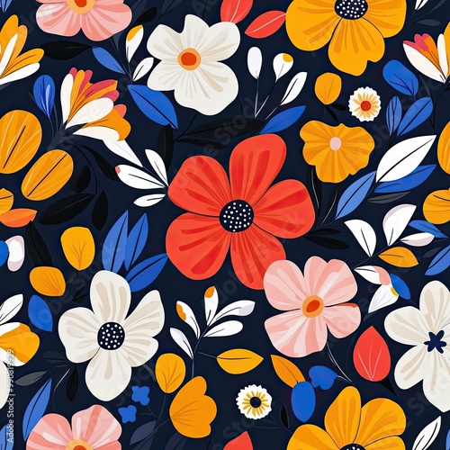 Wallpaper Mural A vibrant floral pattern featuring assorted colorful flowers on a dark background, creating a lively and cheerful aesthetic. Torontodigital.ca