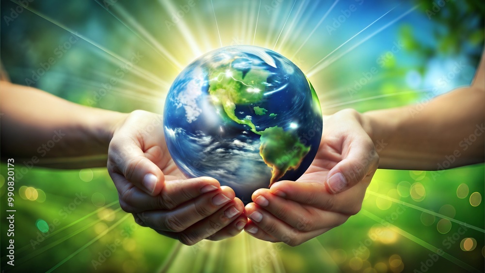 Hands together holding Earth, global unity and environmental sustainability Hands together holding Earth, global unity and environmental sustainability