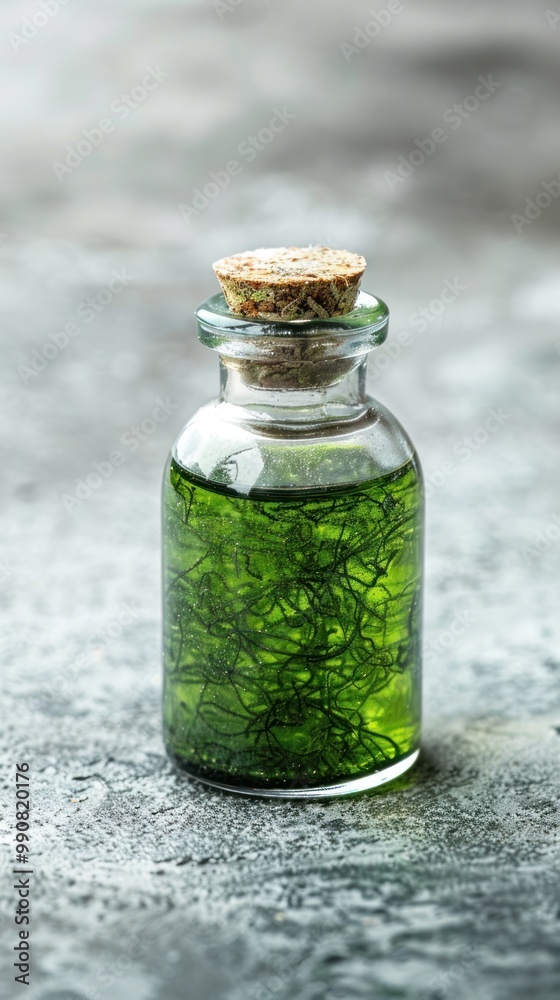 Closeup of a bottle of seaweed extract.