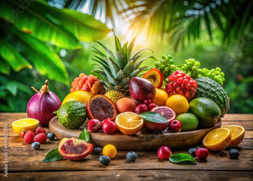 Vibrant Maravija Fruit Displayed on a Wooden Table Surrounded by Green Leaves and Natural Light photo