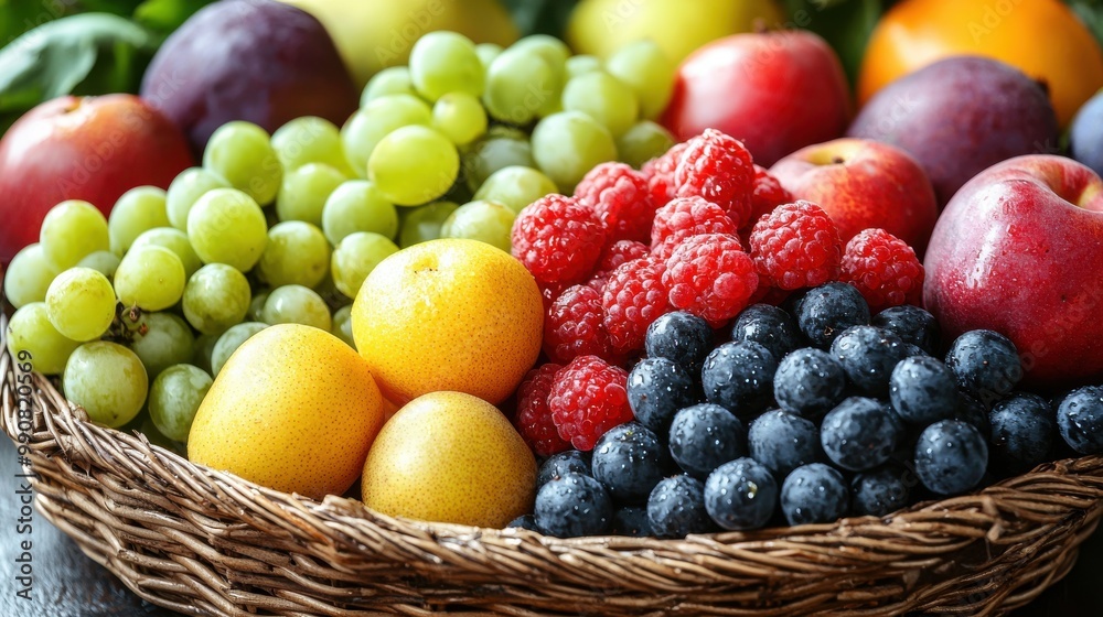A vibrant assortment of fresh fruits in a woven basket showcases grapes, raspberries, apples, and blueberries in natural light