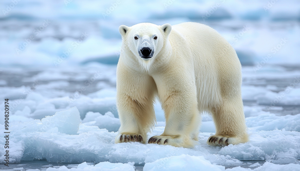 A polar bear stands on an ice floe, showcasing its majestic presence in a cold, Arctic environment. A polar bear stands on an ice floe, showcasing its majestic presence in a cold, Arctic environment.