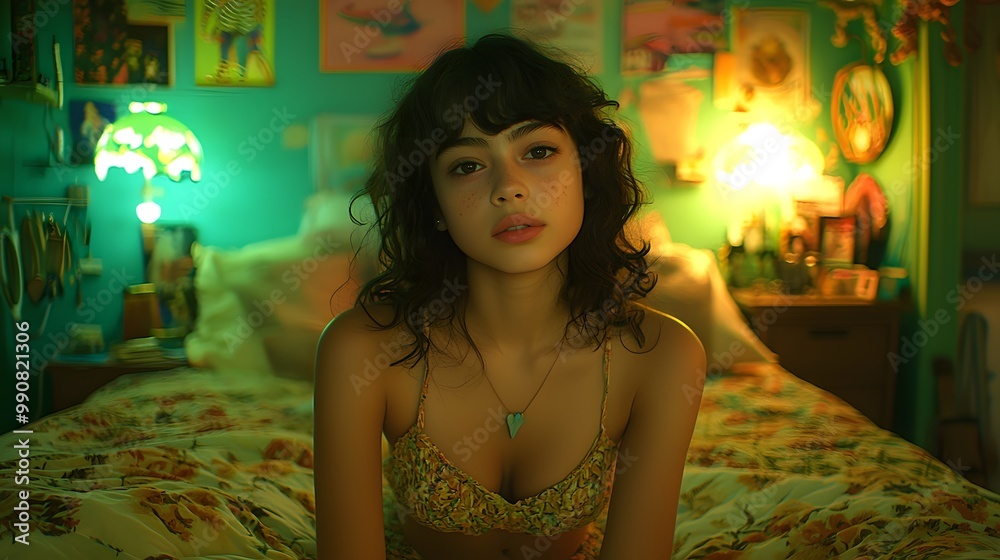 Young, Latina woman in a cozy bedroom, illuminated by soft, green light.