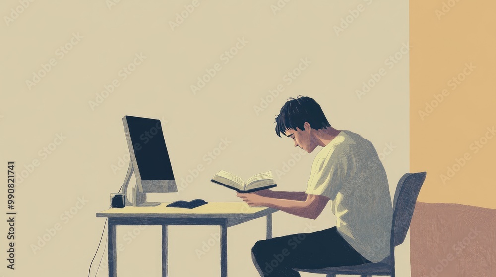 A man reads a book at a plain desk, exhausted, with a computer nearby. The minimalist room and neutral colors evoke a sense of fatigue and despair. A man reads a book at a plain desk, exhausted, with a computer nearby. The minimalist room and neutral colors evoke a sense of fatigue and despair.