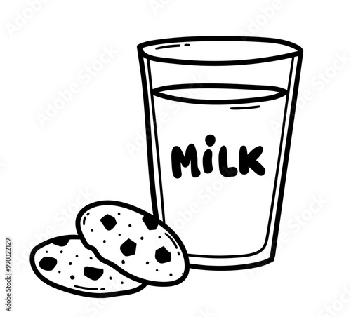 Line art vector illustration of glass of milk with cookies
