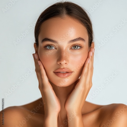 Elegant woman with natural makeup and glowing skin photo