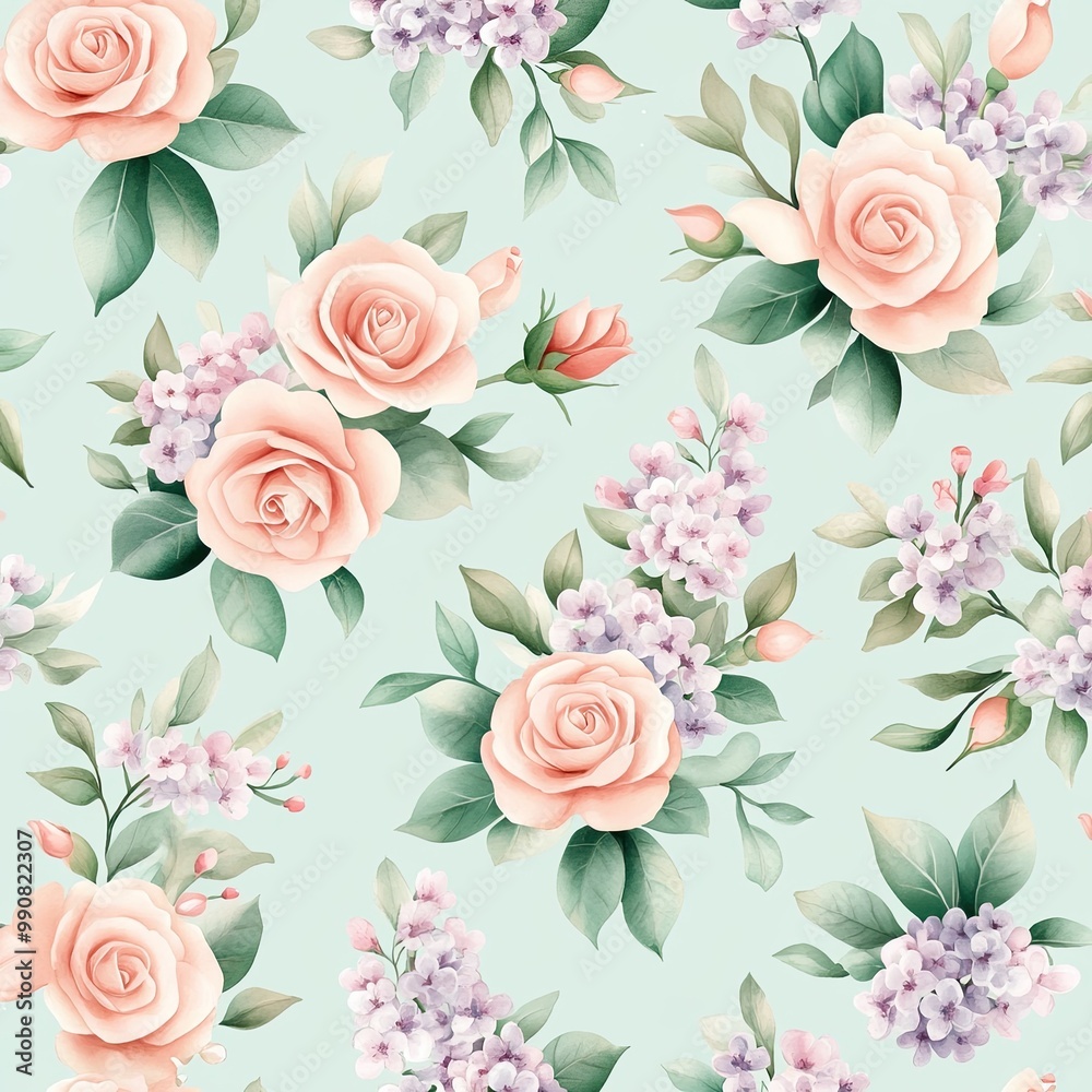 A floral pattern featuring soft pink roses and delicate lavender blossoms on a muted green background. A floral pattern featuring soft pink roses and delicate lavender blossoms on a muted green background.