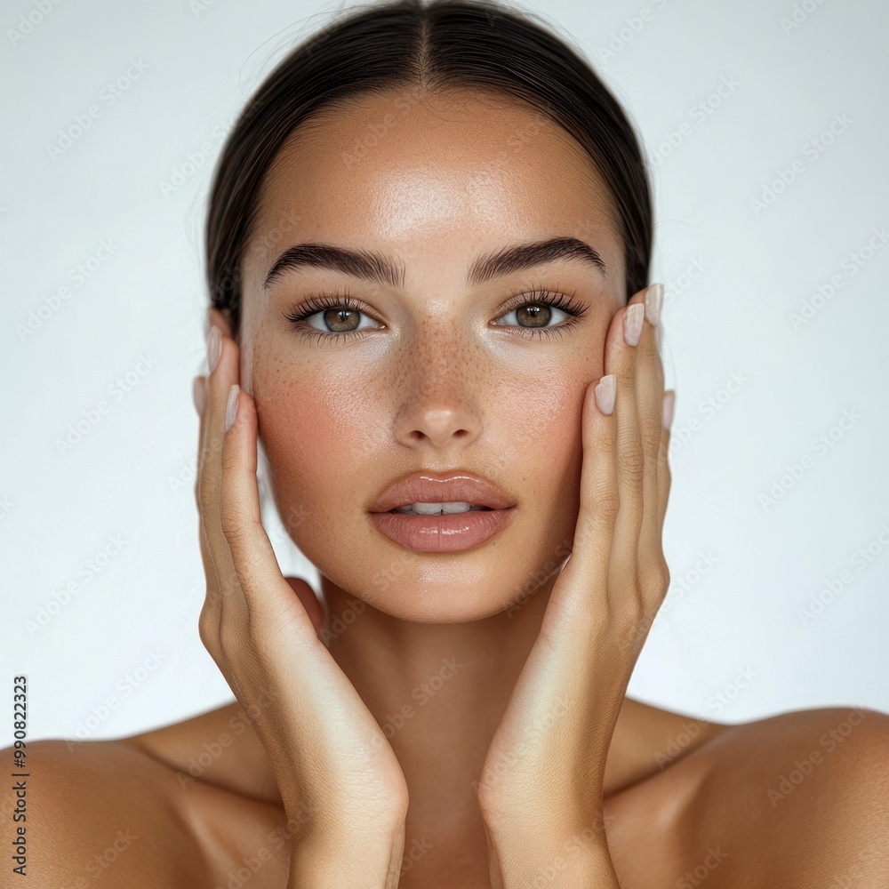 Beauty shot of a model with glowing skin and freckles Beauty shot of a model with glowing skin and freckles