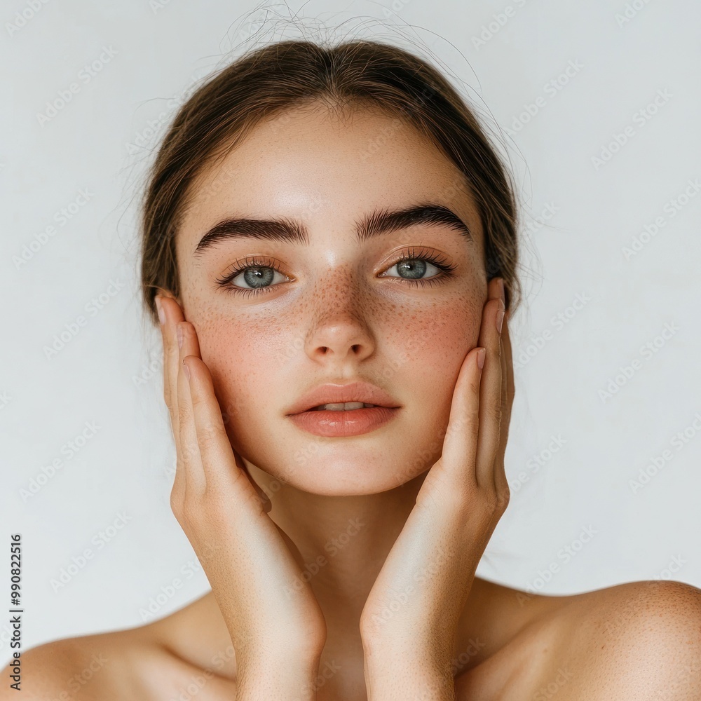 Young woman with delicate freckles and hands in frame. Young woman with delicate freckles and hands in frame.