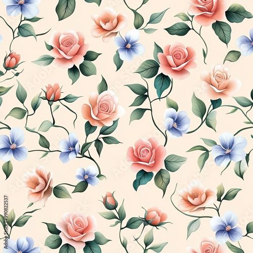 A vibrant floral pattern featuring pink roses and blue flowers on a soft cream background, perfect for fabric or wallpaper design.