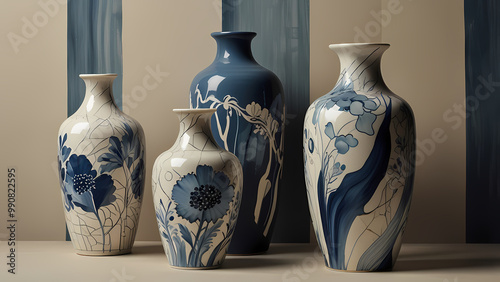 abstract illustration that merges the crisp details of porcelain painting with flowing shapes and muted blue, cream, and ivory tones, resembling the artistic quality of hand-painted porcelain vases photo