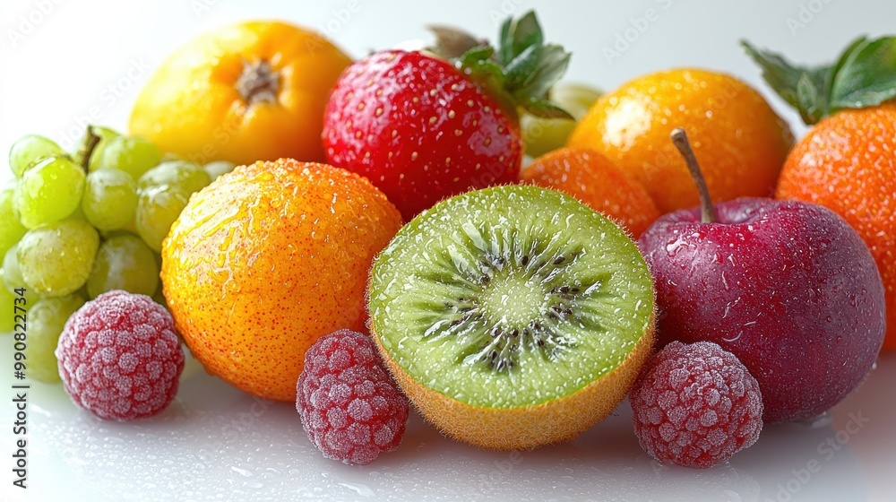 Fresh assorted fruits with dew drops arranged aesthetically on a bright surface, showcasing vibrant colors and textures in the morning light Fresh assorted fruits with dew drops arranged aesthetically on a bright surface, showcasing vibrant colors and textures in the morning light