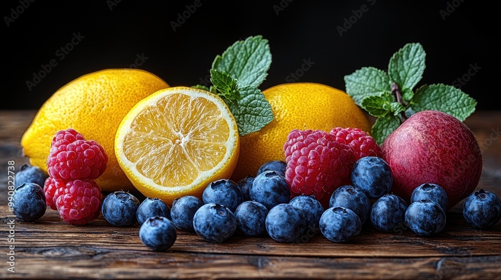 Fresh lemons, raspberries, blueberries, and an apple arranged on a wooden table for a vibrant still life display Fresh lemons, raspberries, blueberries, and an apple arranged on a wooden table for a vibrant still life display