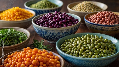 Bowls filled with vibrant legumes and fresh herbs, showcasing a colorful and healthy culinary spread.